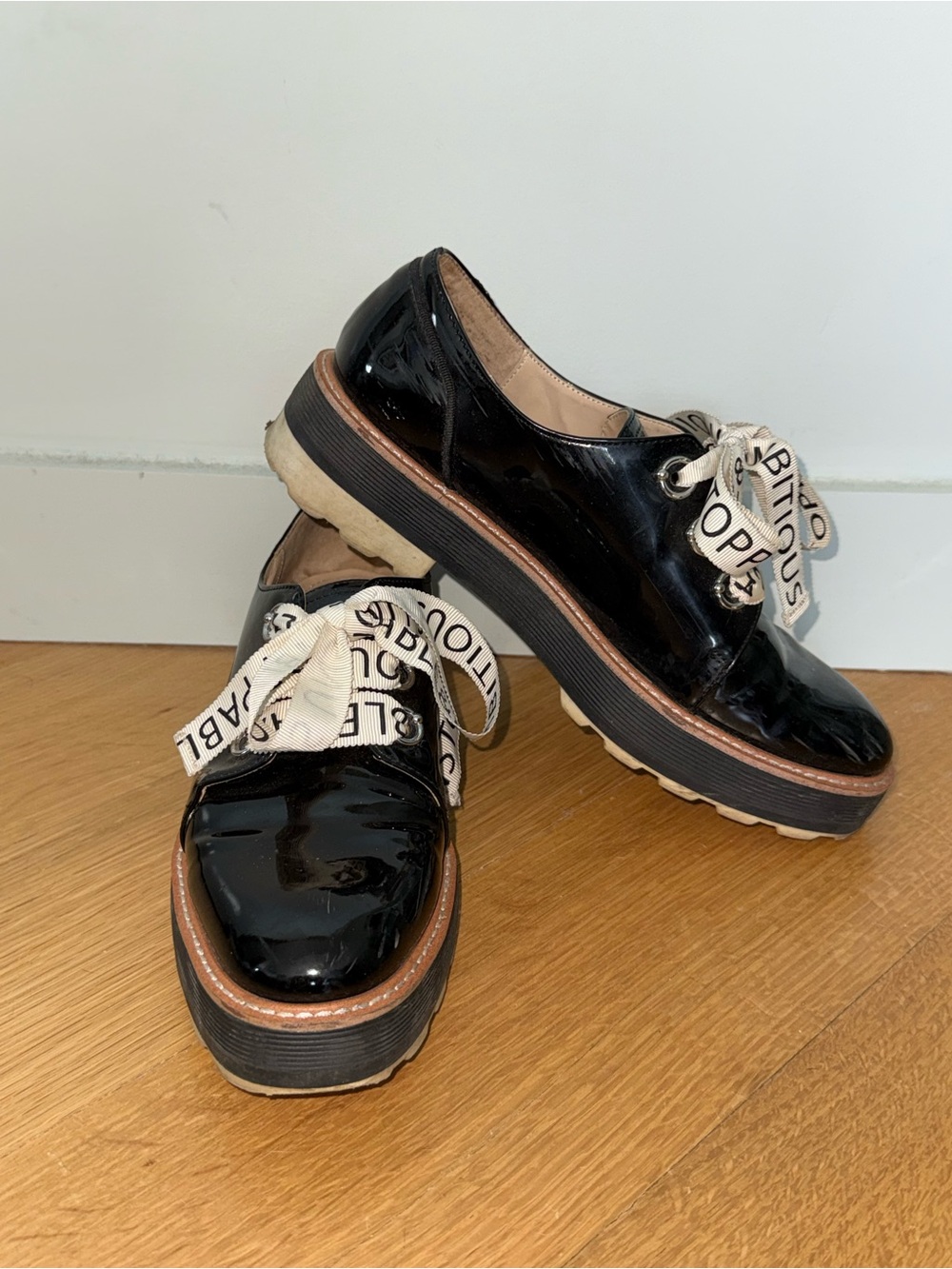 Zara Black Patent Platform Loafers with Branded Ribbon Laces